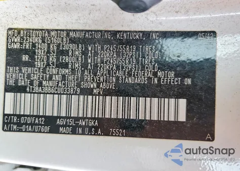 2012 Toyota Venza Le z USA, uszkodzony, nr VIN 4T3BA3BB6CU033879